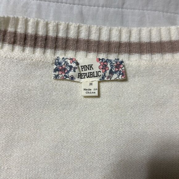 Pink Republic M Ivory Tan Stripe Trim Knit Button V-Neck Cardigan with Pockets - Picture 15 of 16